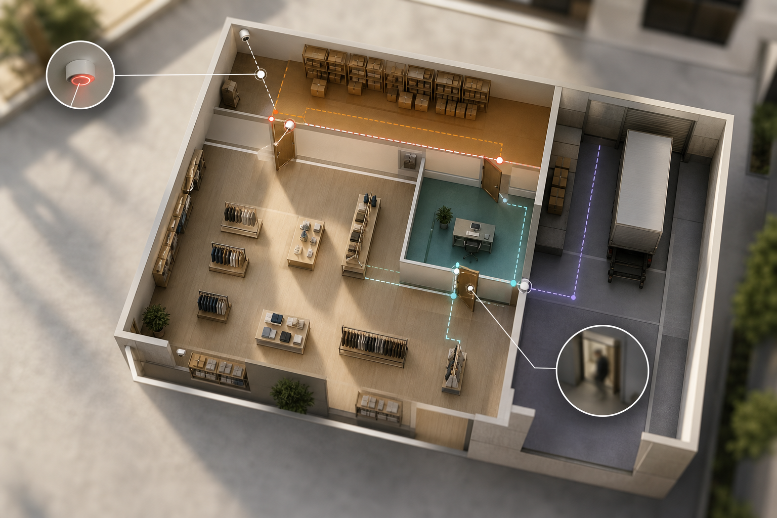 alert icons and virtual lines over a store floor plan