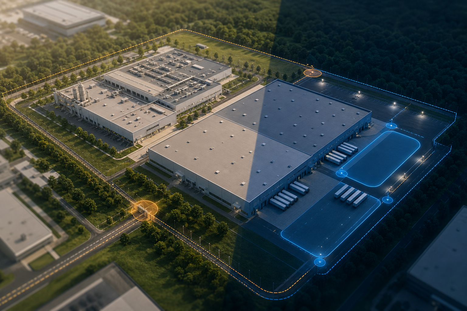 intrusion and perimeter breach detection zone map over a warehouse site plan