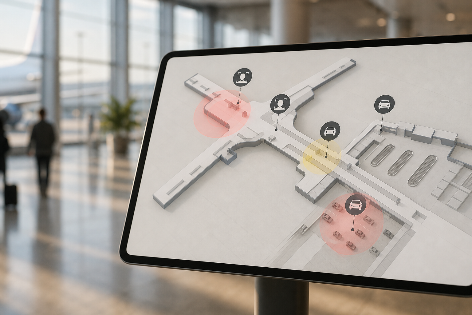 Airport zones visual: gates, baggage belts, sterile corridors for focused alerts