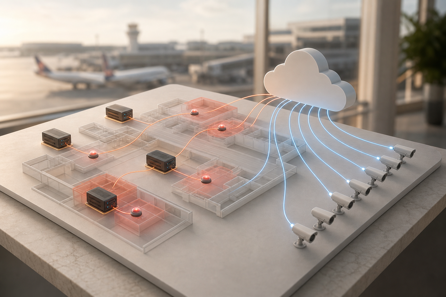 Hybrid airport security architecture showing on‑prem fire analytics and cloud AI platform