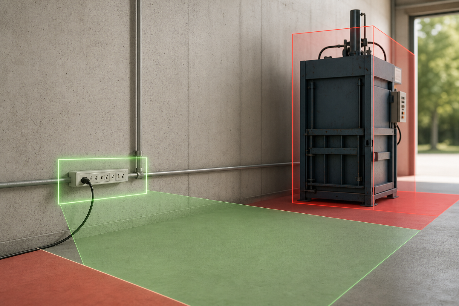 illustration of zone-based detection overlay on a stockroom camera view