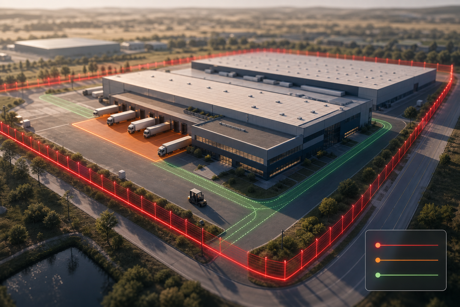 intrusion and perimeter breach detection zones over a plant map