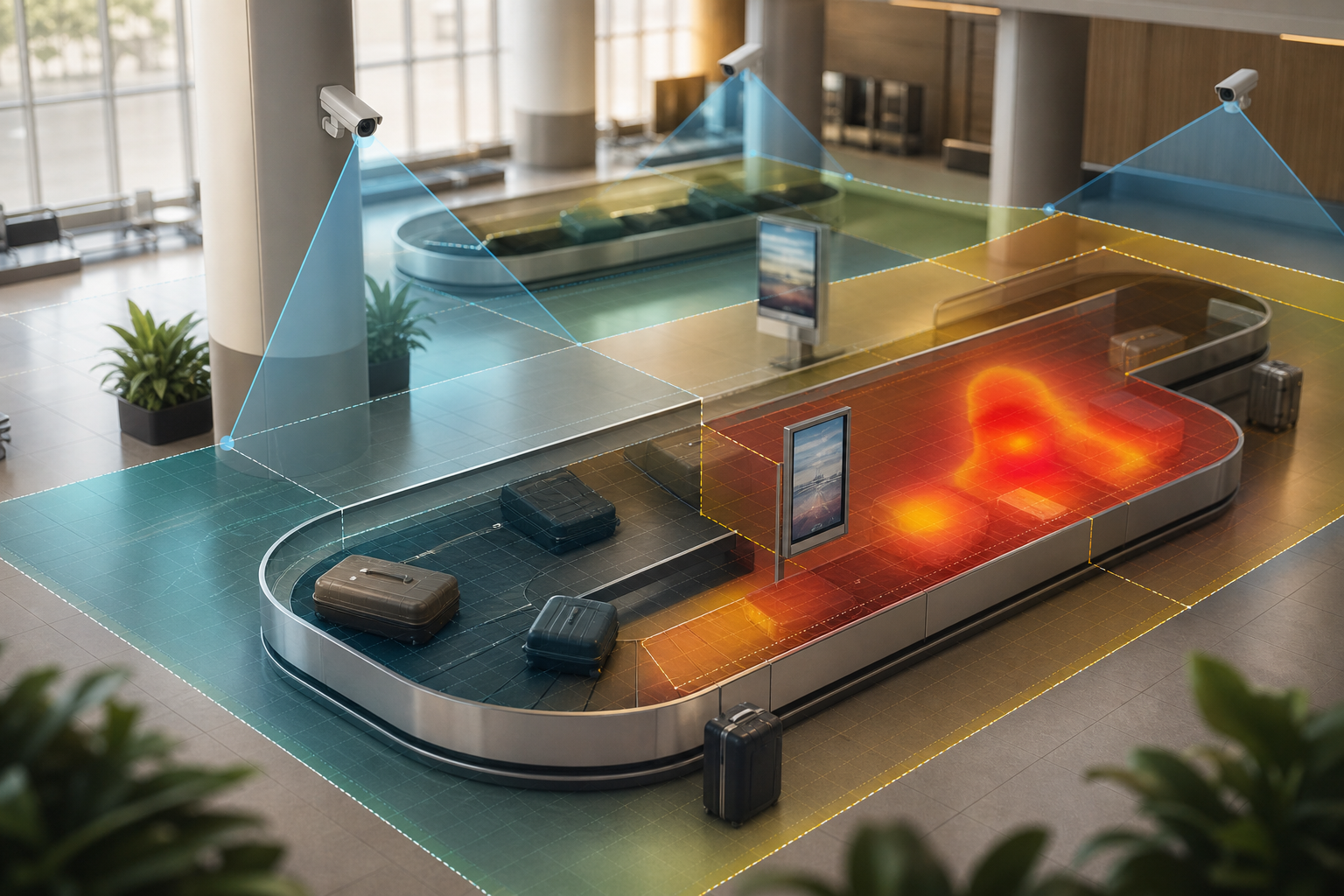 Airport AI detection zones on baggage hall map