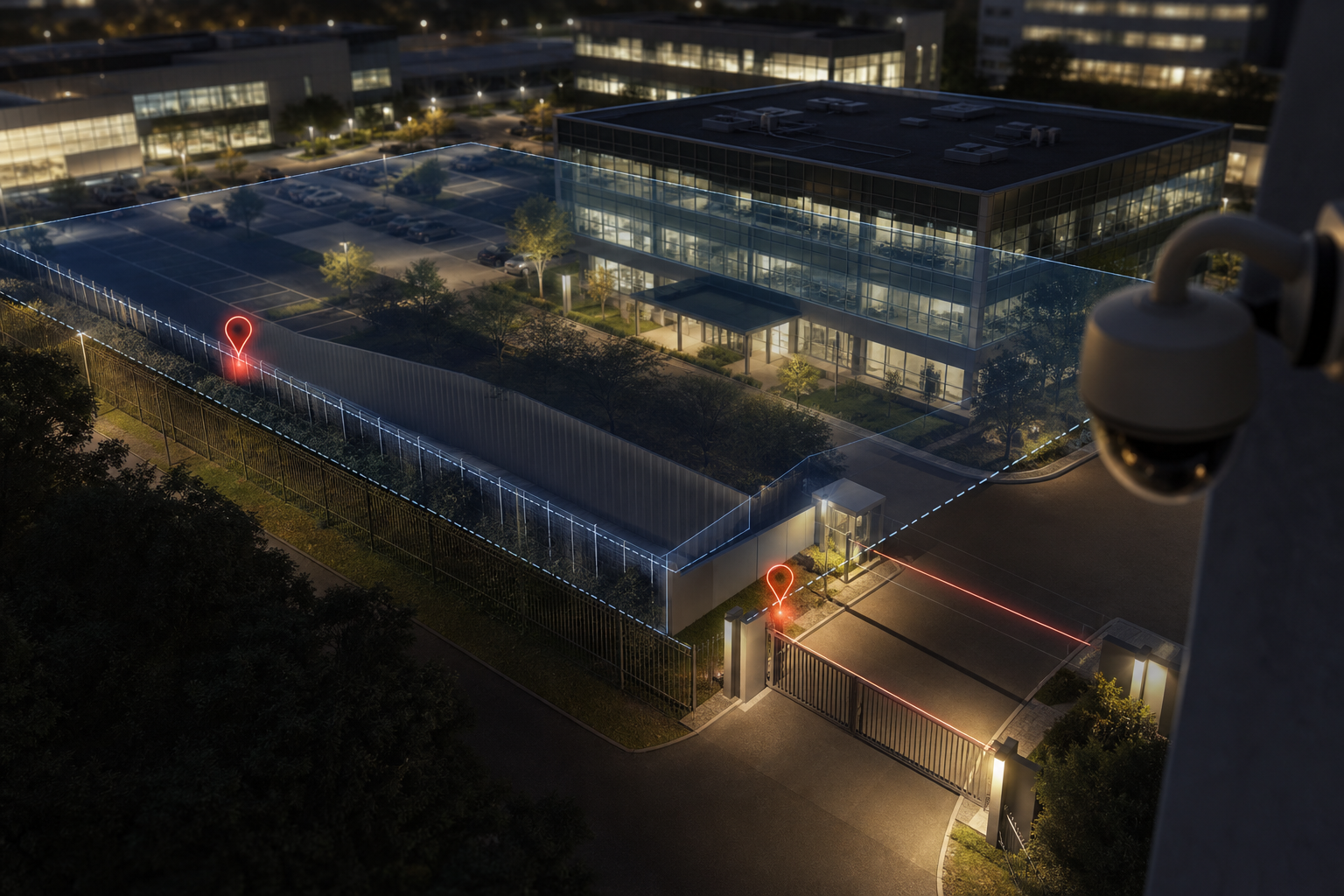intrusion and perimeter breach detection coverage map for a multi-building corporate campus at night, with virtual lines, zones, and alert pins