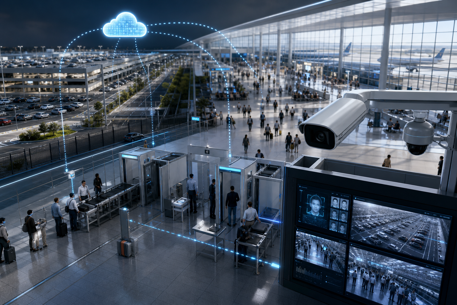 best face recognition and license plate reading architecture diagram for an airport SOC with zones (gates, parking, perimeter) and a cloud-based AI platform
