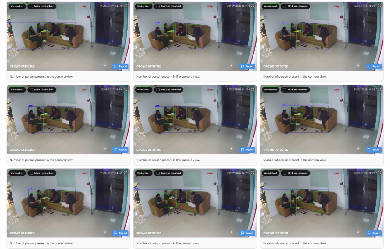 AI crowd detection with bounding boxes — real VideoraIQ output