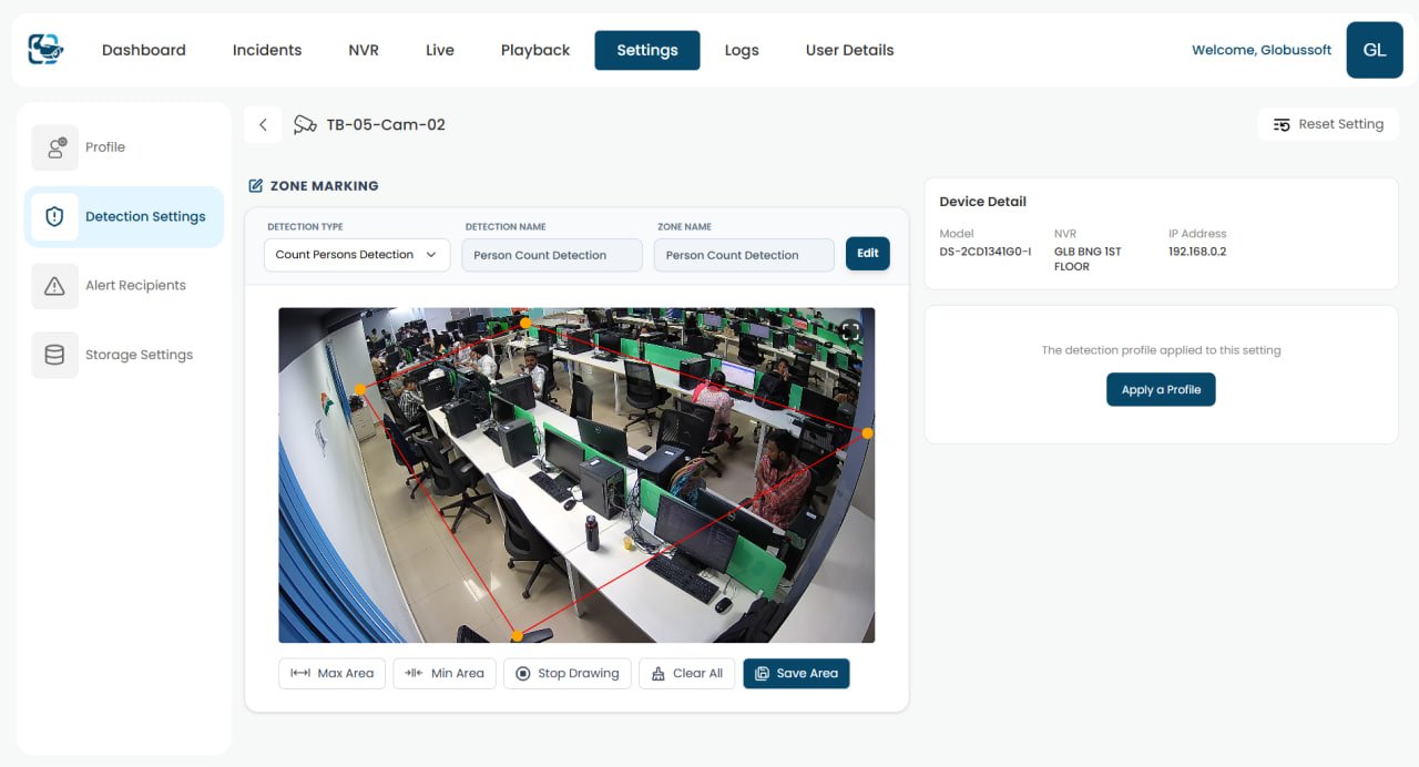 VideoraIQ zone marking and detection settings interface