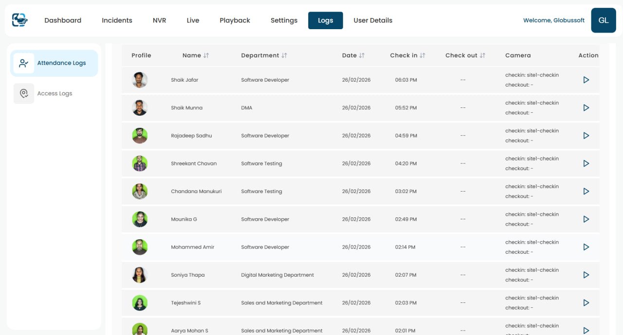 VideoraIQ face recognition attendance log — automated employee check-in tracking