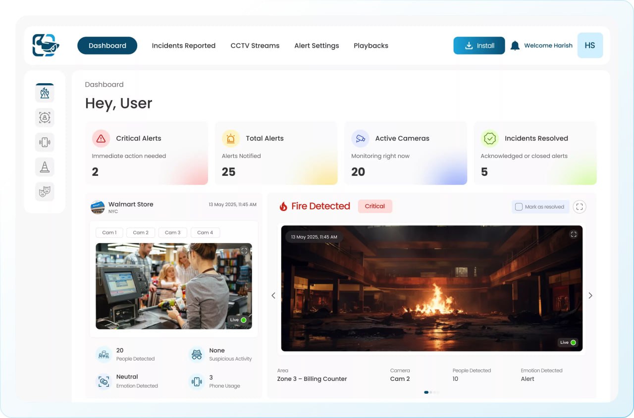 VideoraIQ AI Dashboard — Real-time surveillance command center